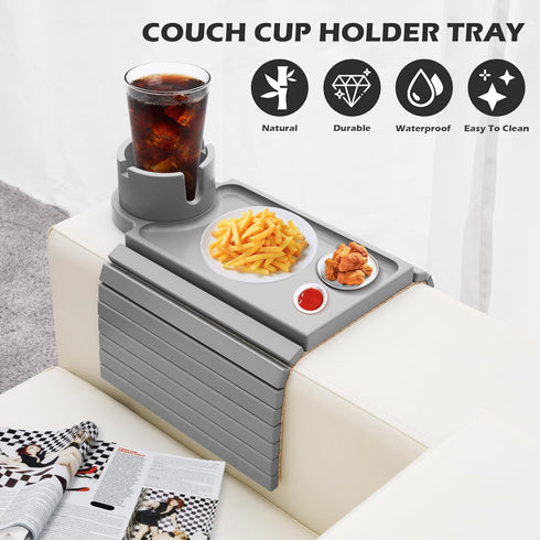Couch Cup Holder Tray, Large Arm Table Tray with 360° Rotated Phone Holder, 3 in 1 Bamboo Sofa Armrest Organizer