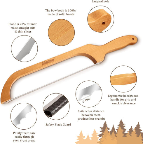 Bread Knife for Homemade Bread, 16" Wooden Serrated Bread Slicer Gift for Friends Fiddle Bow Design Easy to Cutting, Sourdough Cutter for Homemade - Premium Stainless Steel by Alimtee