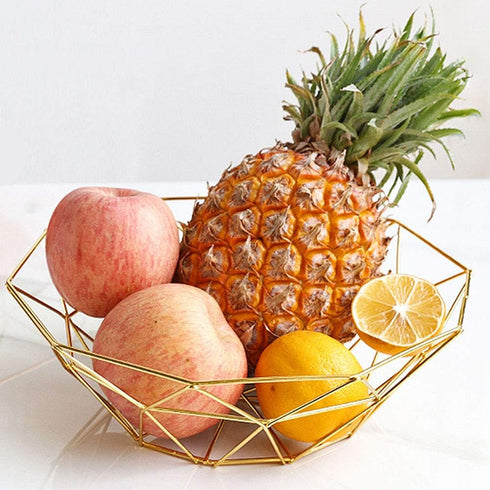 Geometric Metal Wire Fruit Bowl, Iron Arts Storage Basket for Kitchen Counter (Gold)