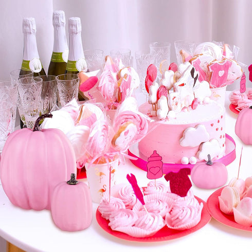 Winlyn 7 Pcs Assorted Sizes Fall Artificial Pink Pumpkins for Halloween, Thanksgiving, Harvest Holiday Season Tabletop