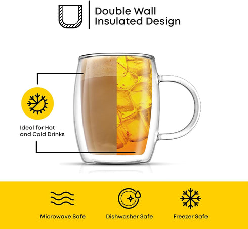 13.5-Ounce Set 2 JoyJolt Double Wall Glasses Insulated Mugs Double Walled Glass Cups For Coffee Tea