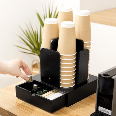 Coffee Station Organizer for Countertop, 4 Compartment Bamboo Coffee Bar Accessories and Disposable Cup Dispenser