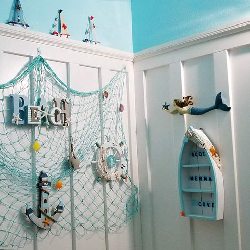 Attraction Design 16.5" Wooden Boat Shelf, H Standing Boat Display with Fish Net Starfish Seashell Accents White Beach