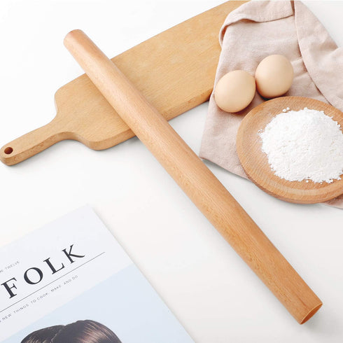 QUELLANCE Wood French Rolling Pin for Baking, Wooden Dough Roller with Silicone Baking Mat, Beech Wood, Red Pastry Mat