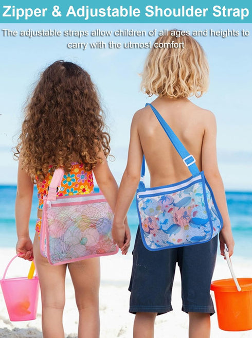 Hiflyer 2 Pack Seashell Mesh Bags with Zipper, Shell Bag for Sand Toys Mesh Bag for Toys, Beach Must Haves for Kids