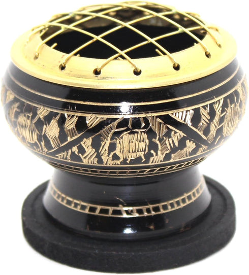 Govinda Small Decorated Brass Charcoal Screen Incense Burner with Wooden Coaster