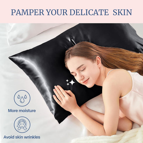 BEDELITE Satin Pillowcase for Hair and Skin, 2 Pack Super Soft Cooling Pillow Cases with Envelope Closure, Black