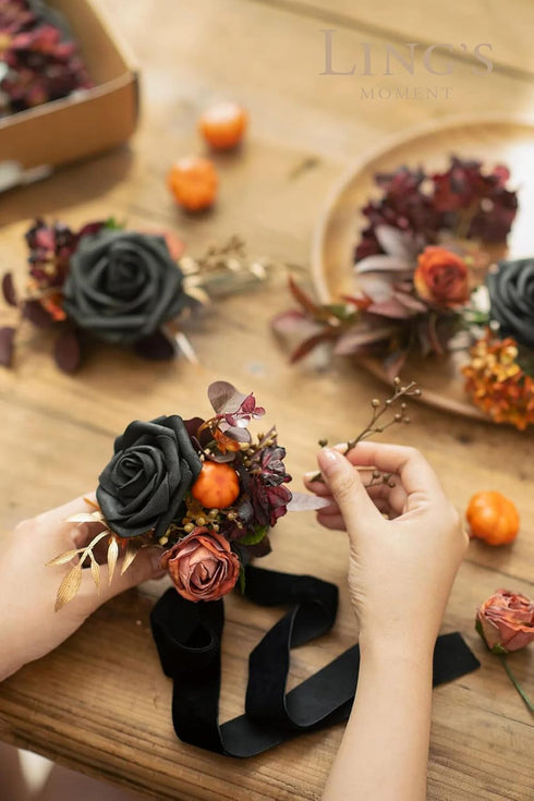 Ling's Moment 25Pcs Artificial Black Roses Decor with Stems, 3" Real Touch DIY Foam Floral for Wedding Bouquets