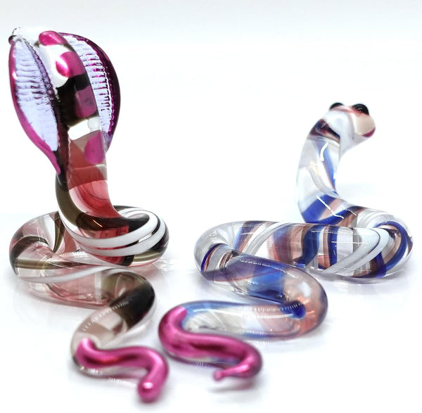 2 Red White Snake/Cobra Miniature Figurines - Hand Blown Glass Art Collectible Gift Decor