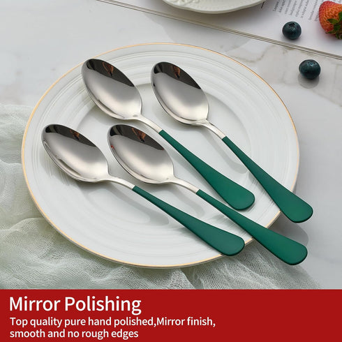 Set 24 18/0 Spoon,7.3-inch Sets Set 24,Mirror Green Dinne spoons Piece,Green Handle Silverware Spoon Stainless Steel