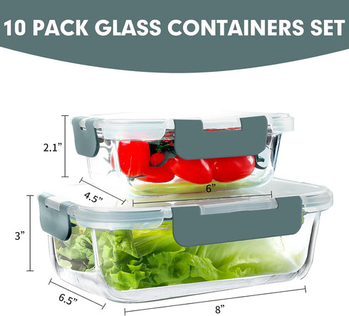 VERONES 10 Pack Glass Meal Prep Containers, Airtight Glass Lunch Containers, Stackable Glass Food Storage Containers Set with Lids,BPA-Free, for Microwave, Oven, Freezer & Dishwasher Friendly,Grey