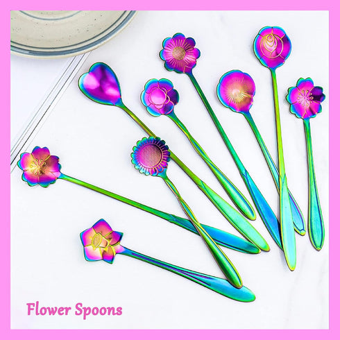9 PCS Rainbow Flower Spoon Set, LEEFONE 2 Different Size Stainless Steel Reusable Teaspoons for Coffee Sugar Dessert