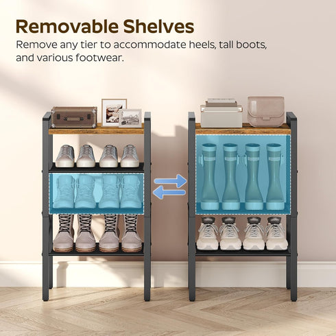4-Tier 4-8 SS64BR YATINEY Narrow Shoe Rack, Tall Shoe Rack for Pairs, Slim Shoe Storage Organizer with Wooden Top