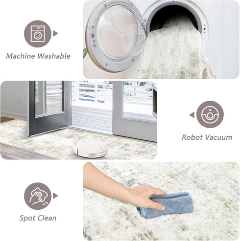 Capslpad Abstract Washable Runner Rug, 2.6x8 Light Beige Non-Slip Modern Low Pile Kitchen Rug