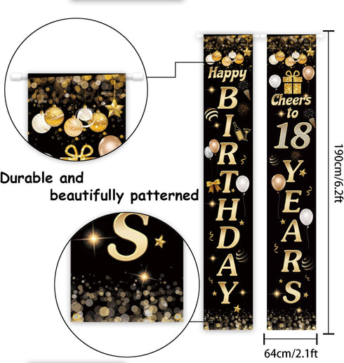 Happy Birthday Cheers to 18 Years Black Gold Yard Sign Door Banner for 18th Birthday Decorations Party Supplies
