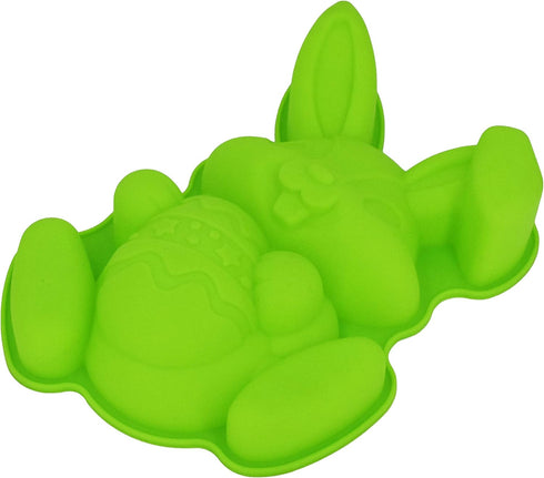 Bunny Holding Egg Cake Pan, BPA Free, Non-Stick Rabbit Silicone Bakeware Mold for Easter Cake