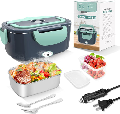 Electric Heated Lunch Box for Adults, 80W 1.5L Leak-Proof Stainless Steel Container, 12/24/110V with Fork & Spoon