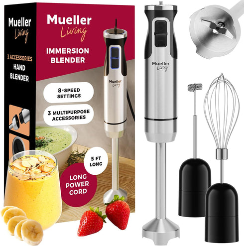 Mueller Immersion Blender Handheld - 8 Speed Electric Stainless Steel Hand Blender, 3 in 1 Emulsion Stick Blender for