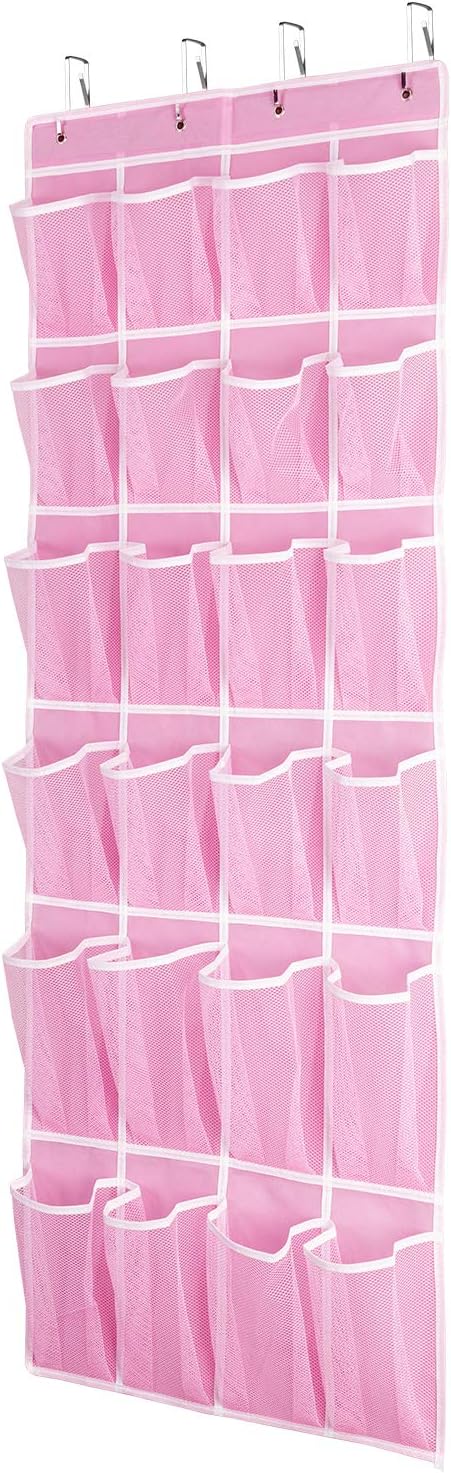 Hanging Shoe Organizer - Over The Door Shoe Storage Rack with 24 Breathable Mesh Pockets for Men, Women, Kids (Pink)