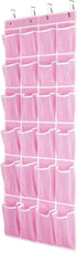 Hanging Shoe Organizer - Over The Door Shoe Storage Rack with 24 Breathable Mesh Pockets for Men, Women, Kids (Pink)