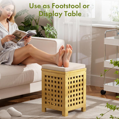2-in-1 Bamboo End Table with Removable Cushion and Hidden Storage, Ottoman Side Table with Breathable Grid Design