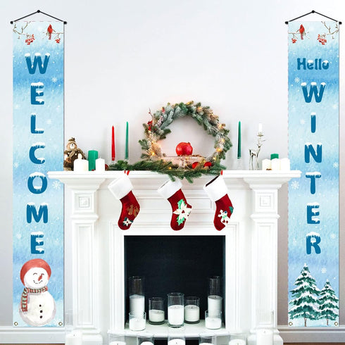 Welcome Hello Winter Porch Banner, Snowman Cardinal Christmas Holiday Front Door Sign Decoration