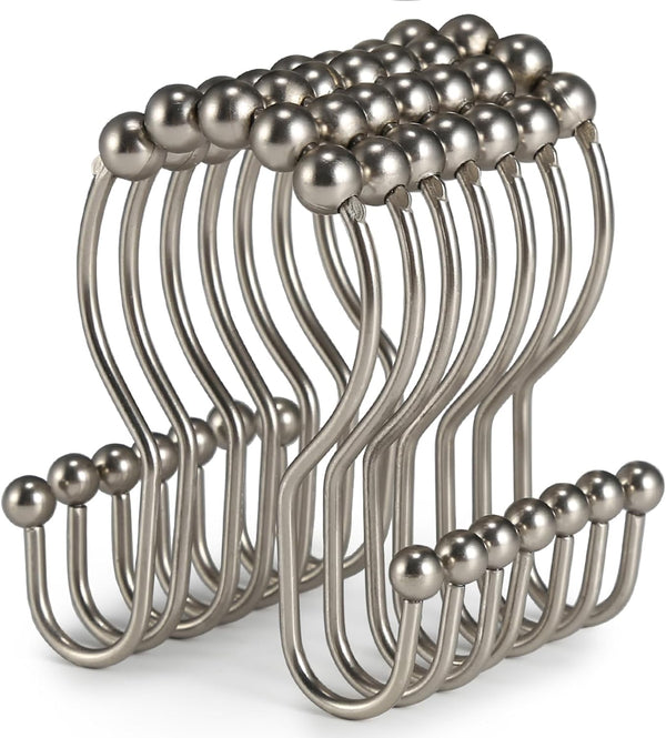 Goowin 12 Pcs Stainless Steel Shower Curtain Hooks, Rust Proof Rings for Smooth Sliding Anti-Drop Double Hooks