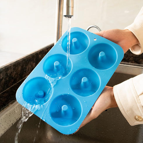 Silicone Donut Mold for 6 Doughnuts, Set of 2, Food Grade LFGB Baking Pan, Non-Stick, Dishwasher Safe, Blue