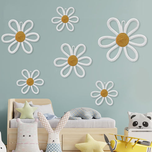 6 Pcs Boho Nursery Daisy Wall Decor, Woven Flowers Wall Hanging Art,