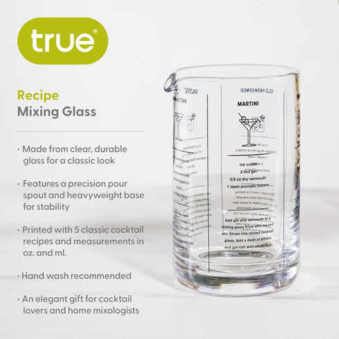True Mixing Glass Cocktail and Bar Tools with Thick Base, Pour Spout, and 5 Printed Recipes, 17 Oz, 1-Piece, Assorted