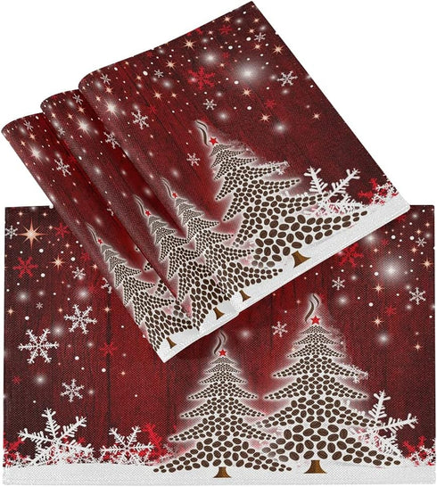 Christmas Tree with Snowflake Placemats Set of 6, Winter Holiday Kitchen Mat Dining Place Mat, Heat-Resistant