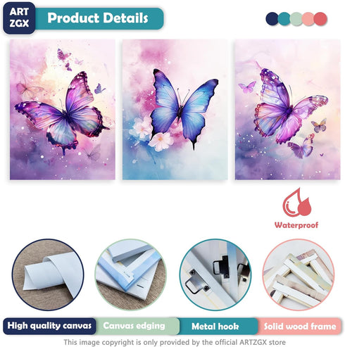 3 12x16inchx3P (30x40cmx3P)) ARTZGX Piece Purple Butterfly Canvas Wall Art Butterfly Pictures Wall Decor Watercolor
