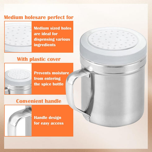 Metal Salt Pepper Dredge Shakers, 2Pcs Stainless Steel Seasoning Jar with Handle, Suitable for Pepper, Cinnamon, Coffee