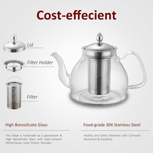 Glass Teapot, 40oz/1200mL Glass Kettle with Removable Stainless Steel Infuser for Blooming Tea & Loose Leaf Tea, Gooseneck Tea Pot, Gift Box for Tea Maker, Microwave & Stovetop Safe by SVEYN