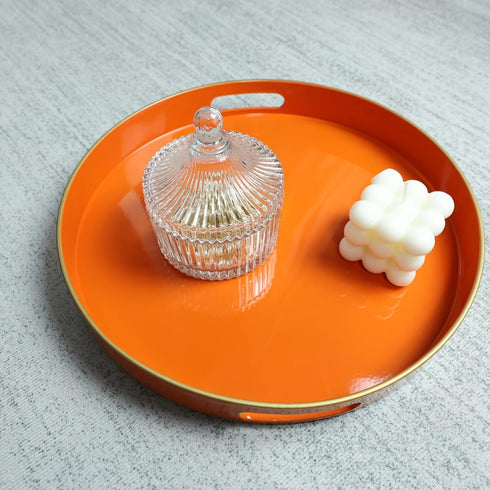 13" Spsyrine Round Orange Decorative Tray, Plastic Serving Table Tray with Handles for Breakfast, Coffee Table