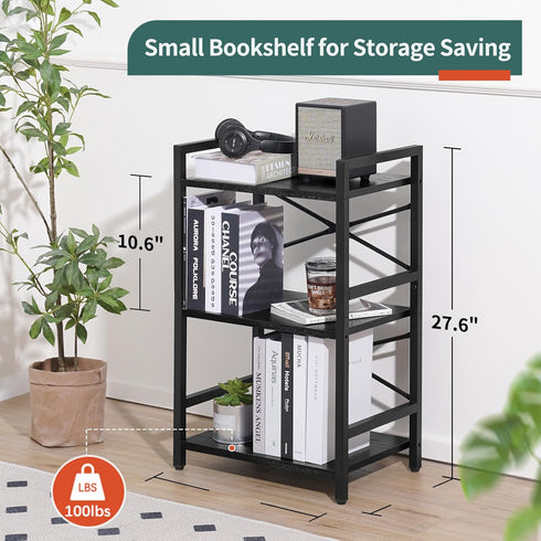 3 Yoobure Bookshelf Small Book Shelf, Solid Industrial Tier Shelf Bookcase, Short Book Case for Bedroom, Living Room