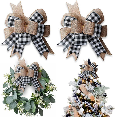 Buffalo Plaid Burlap Bows - 2 Pack 12”x9.4” Large Rustic Farmhouse Decor Tree Topper Check Bow for Fall Wedding