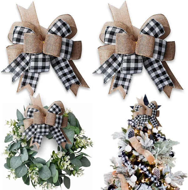 Buffalo Plaid Burlap Bows - 2 Pack 12”x9.4” Large Rustic Farmhouse Decor Tree Topper Check Bow for Fall Wedding