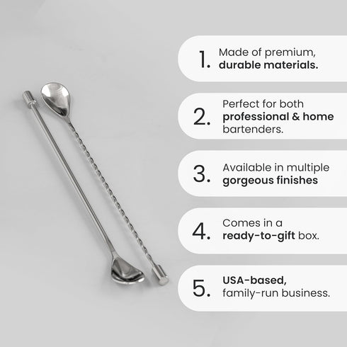 A Bar Above 2-Piece Gold Bar Spoon Set, Heavyweight 12-Inch Cocktail Mixing Spoons, Gold-Plated Stainless Steel