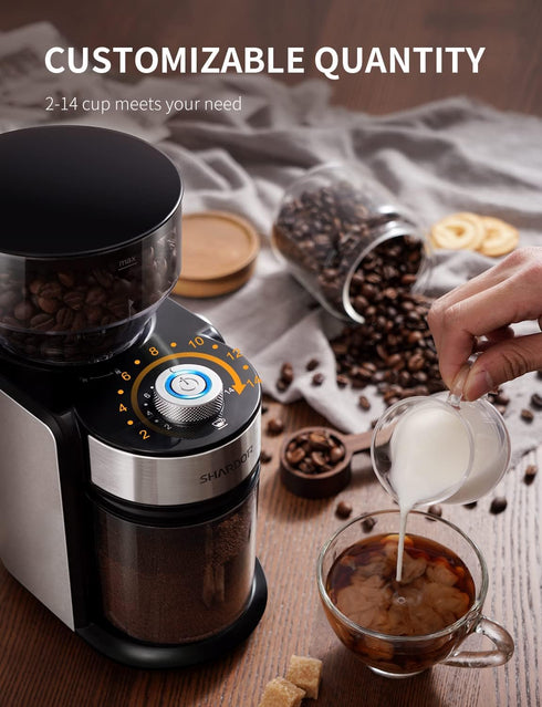 SHARDOR Coffee Grinder – Adjustable Burr Mill with 16 Precise Grind Settings for 2-14 Cup, Silver