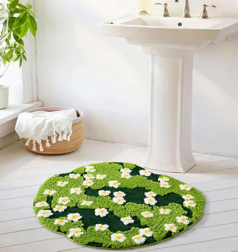 Ouyattle 3ft Cute Green Floral Large Bathroom Rugs Bath Mat Non Slip Washable, Modern Chic Boho Aesthetic Trendy Funky
