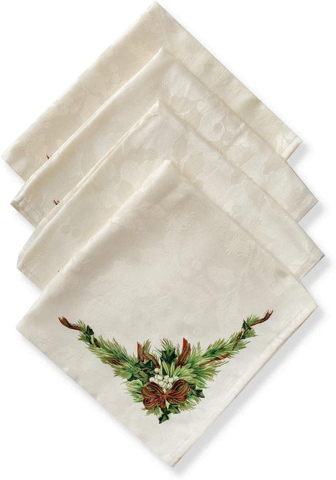 Benson Mills Christmas Ribbons Printed Fabric Cloth Napkins Set of 4, 19" X 19" for Holiday Tablecloths