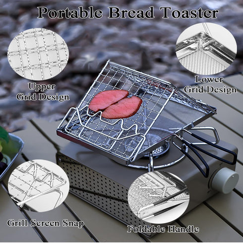 Camp Stove Toaster, 7.9 x 5.3 in Foldable Stainless Steel Rack, Portable Bread Toaster for Indoor Baking and Outdoor