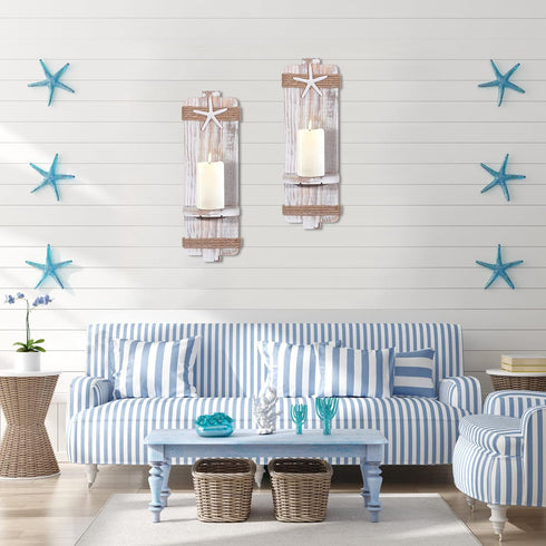 SUJUN (Set 2) Disdressed Starfish Wall Candle Sconces of - Beach Decor, Ocean Themed Wall-Mount Candleholders, Nautical