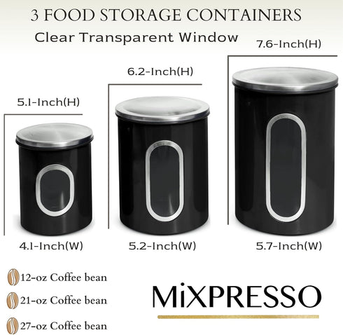 Mixpresso 3-Piece Black Kitchen Canisters Set, Airtight with See-Through Window for Coffee, Tea, Sugar