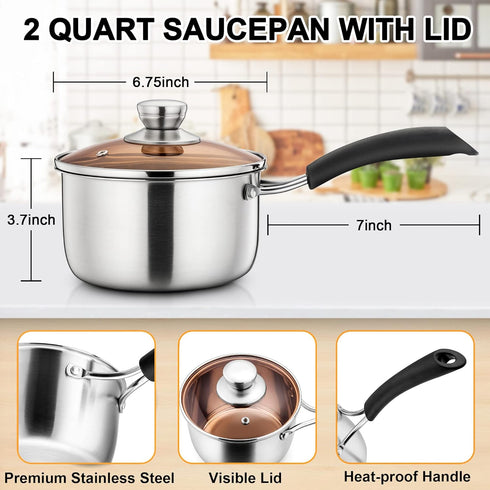 LIANYU 2QT Stainless Steel Saucepan with Lid, Small Soup Milk Pan for Home Kitchen, Dishwasher Safe