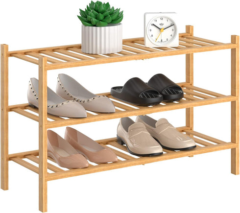 RONGJlA 3 Tier Bamboo Shoe Rack for Closet Free Standing Wood Shoe