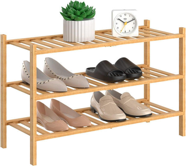 RONGJlA 3 Tier Bamboo Shoe Rack for Closet Free Standing Wood Shoe