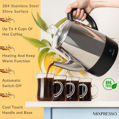 4 Mixpresso Small Electric Percolator Coffee Pot Cup Stainless Steel - Coffee Percolator Electric with Keep Warm