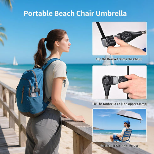 45in 50+ Beach Chair Umbrella with Adjustable Clamp, UPF Portable Folding Sun Shade for Outdoor Camping